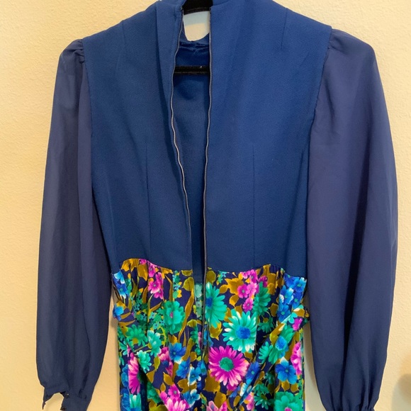 Handmade 70s long mock neck blue floral maxi dress - Picture 6 of 6